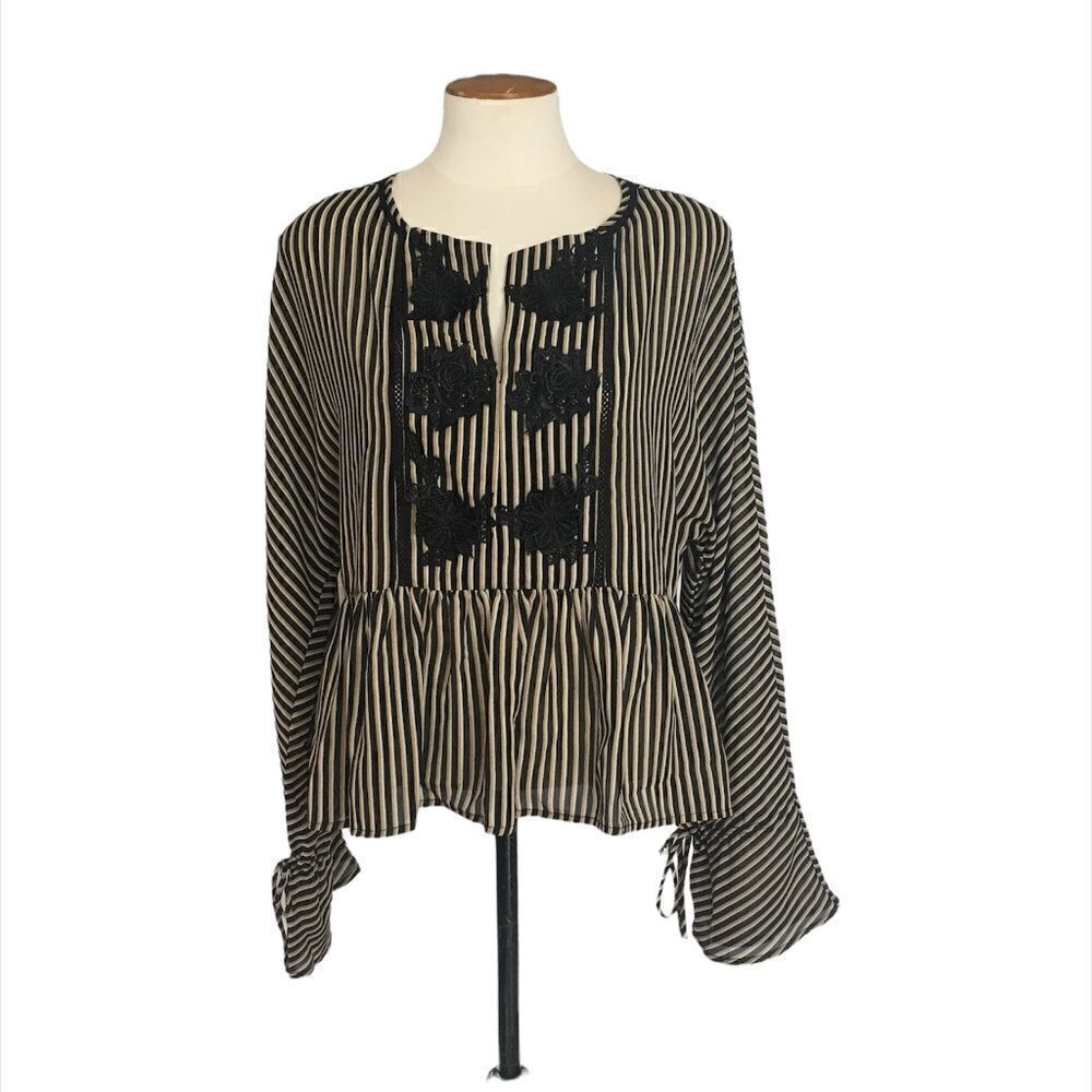 Everly Black, Tan, and Cream Striped Crochet Detail Top Size S